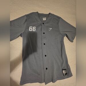 Gymshark Men's Gray Mesh Button-Up Baseball Jersey with White Accents